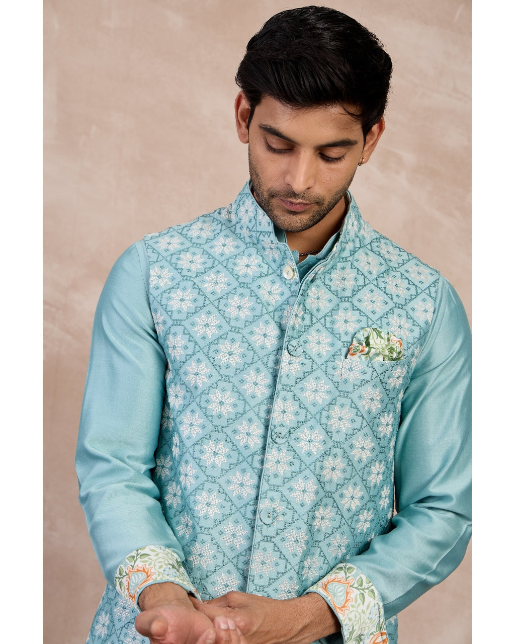 Dull Turquoise Plain Chanderi Straight Kurta Set