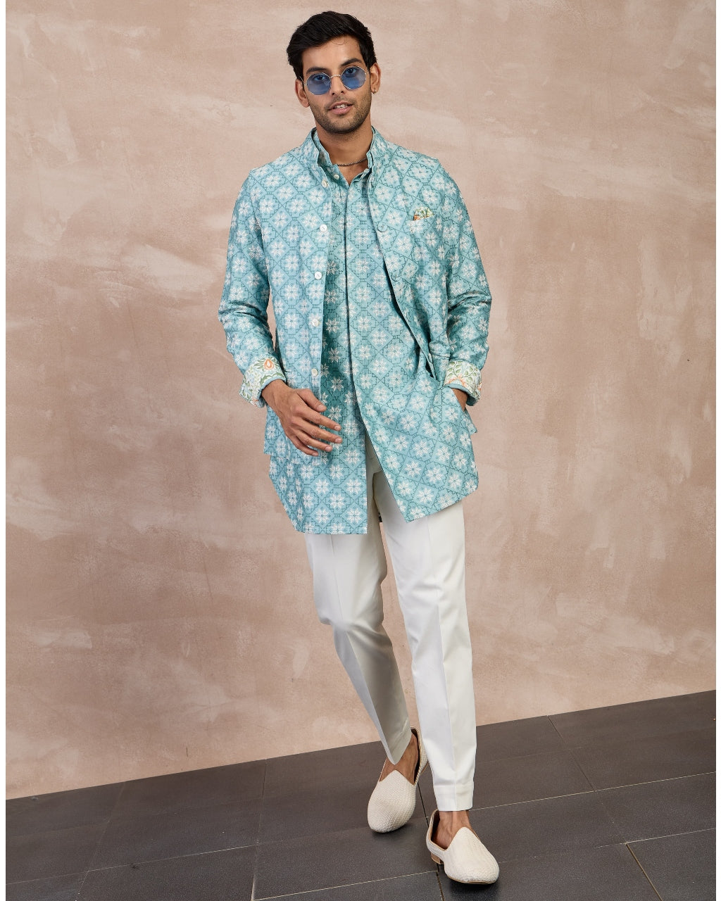 Dull Turquoise Kairos Front Open Degut Kurta Set