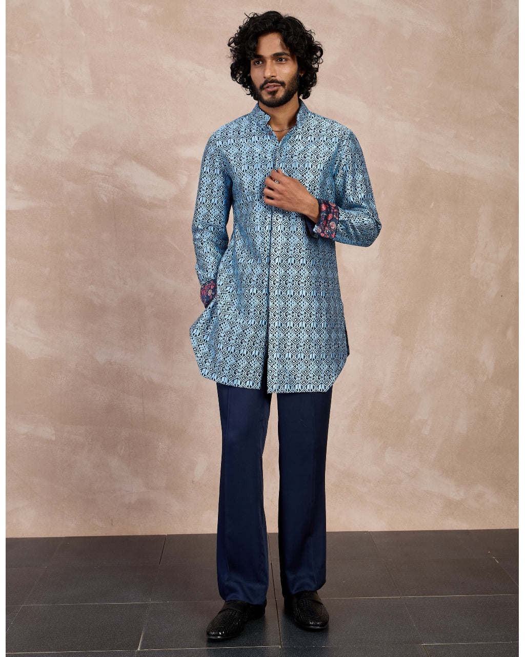 Navy Teal Maze Foe Kurta Set