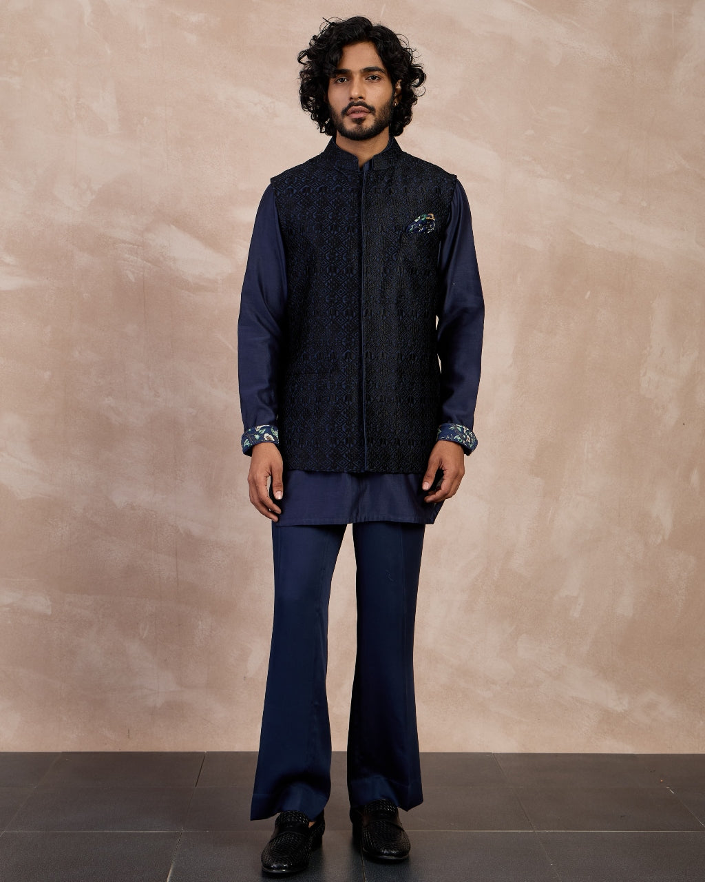 Navy Plain Chanderi Silk Kurta Shirt Set