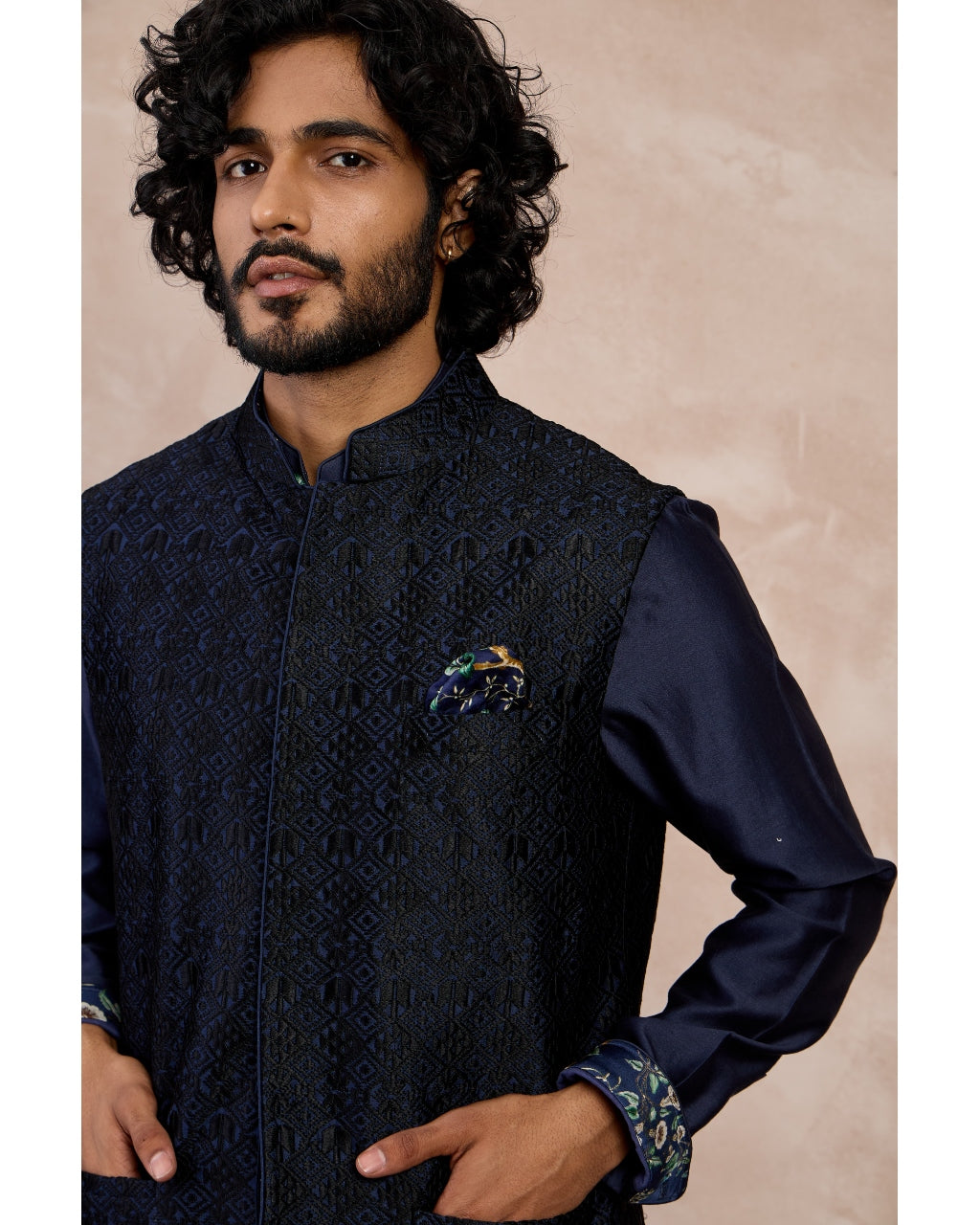 Navy Plain Chanderi Silk Kurta Shirt Set