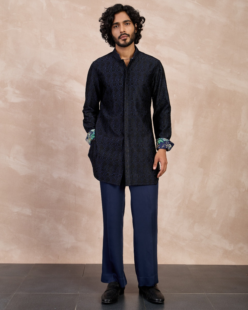 Navy & Black Maze Nehru Jacket Set