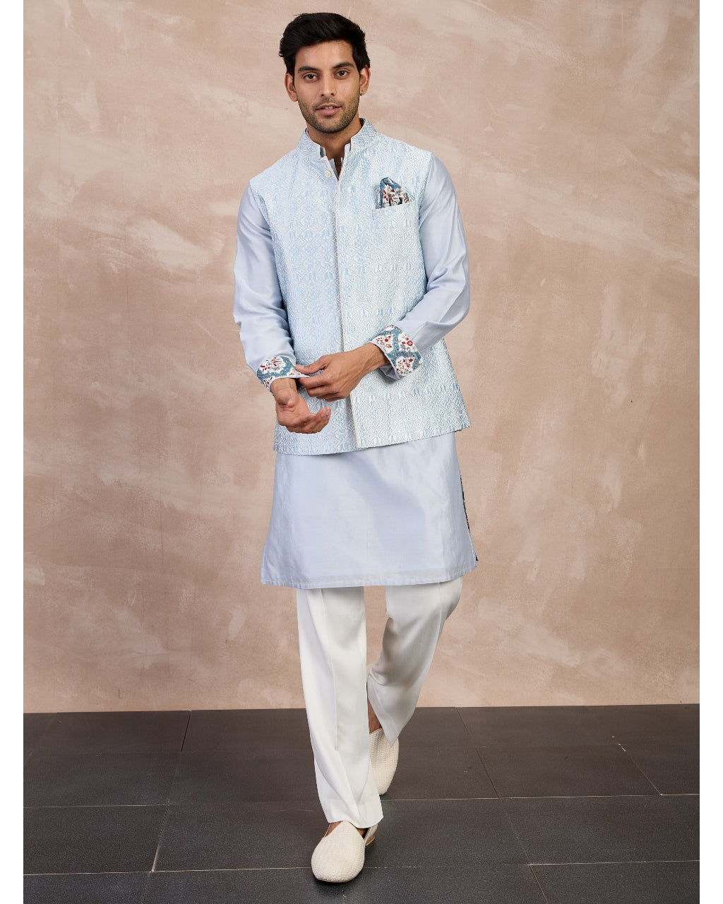 Powder Blue Plain Chanderi Straight Kurta Set