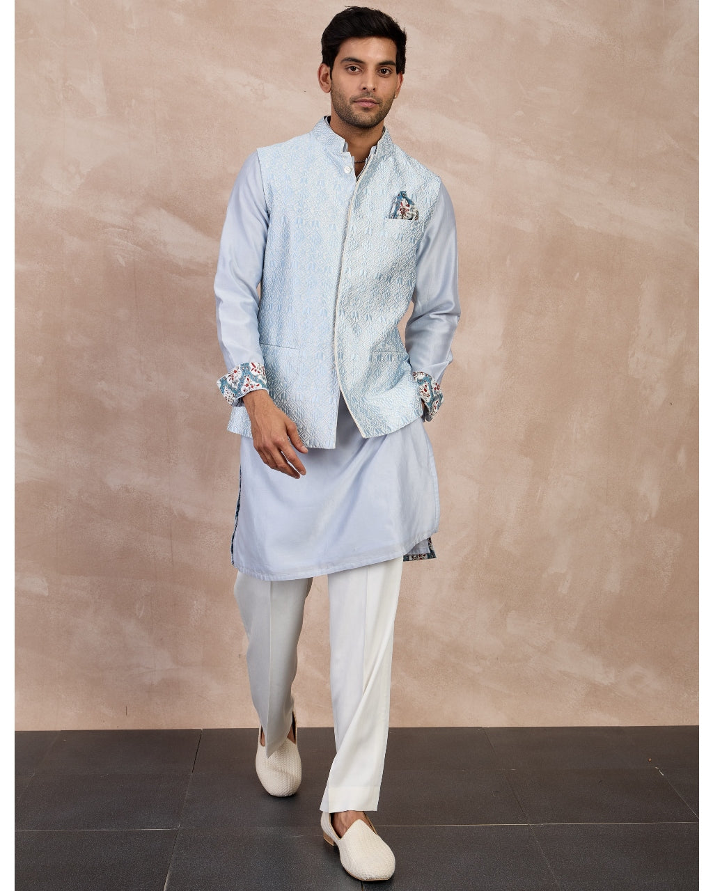 Powder Blue Plain Chanderi Straight Kurta Set