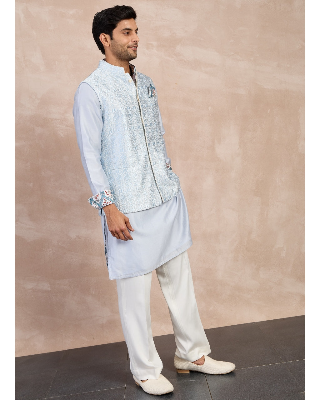 Powder Blue Plain Chanderi Straight Kurta Set