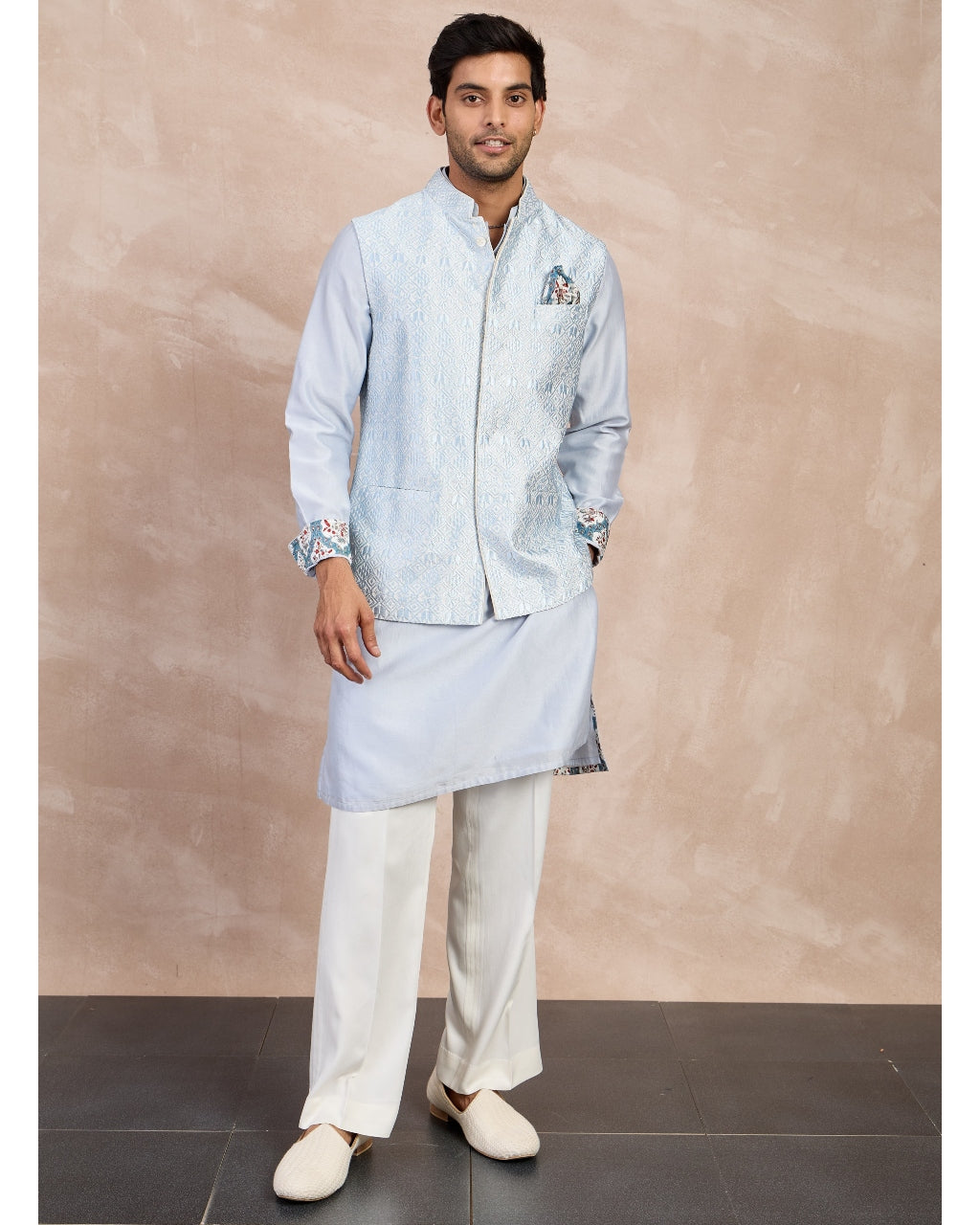 Powder Blue Plain Chanderi Straight Kurta Set