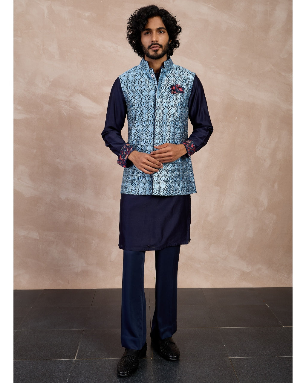 Navy Plain Chanderi Silk Straight Kurta Set