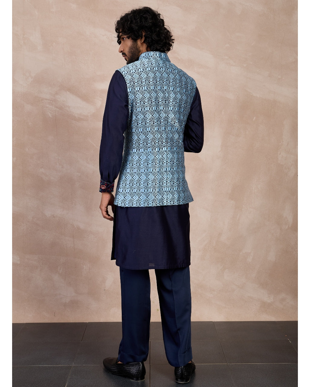 Navy Plain Chanderi Silk Straight Kurta Set