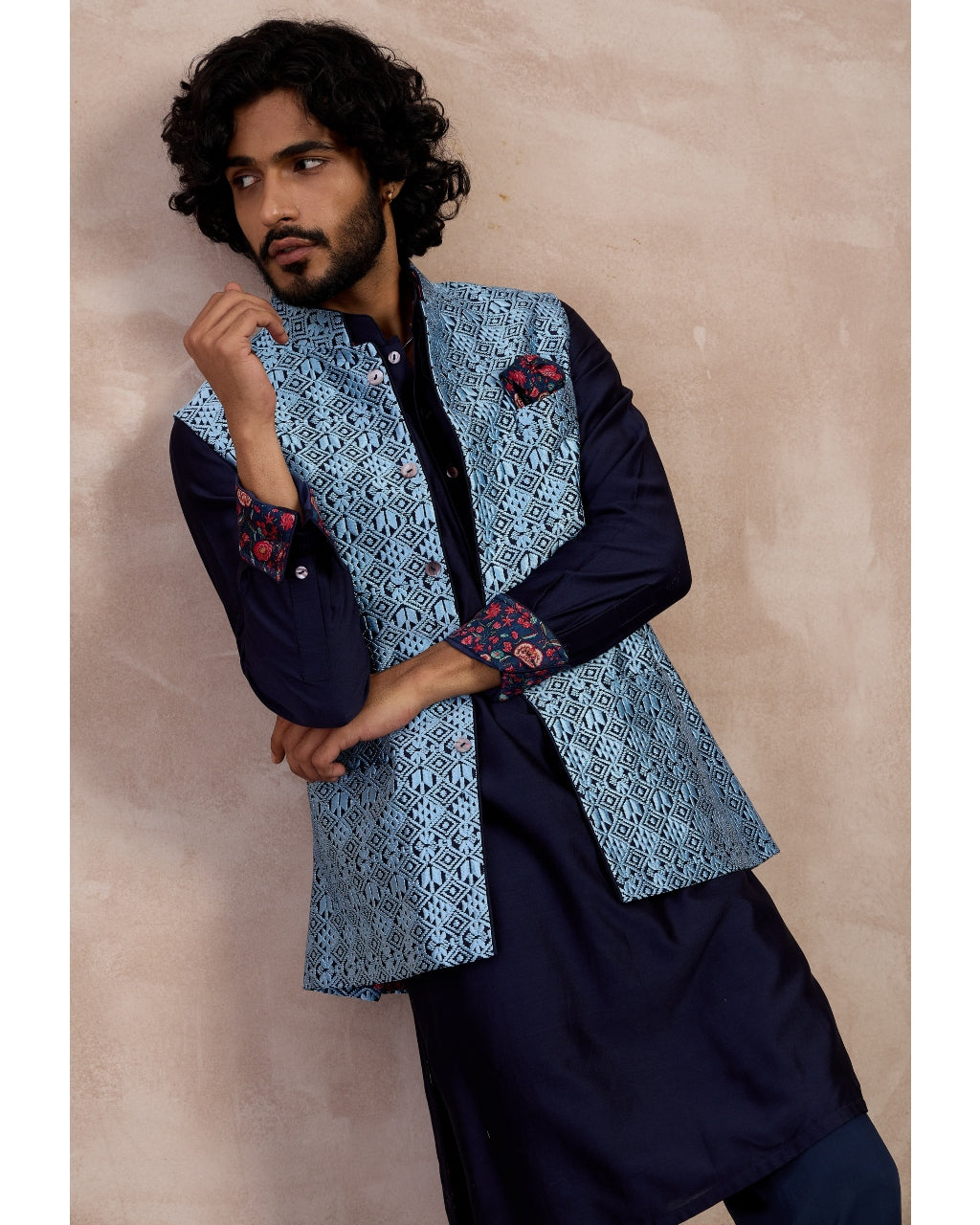 Navy Plain Chanderi Silk Straight Kurta Set