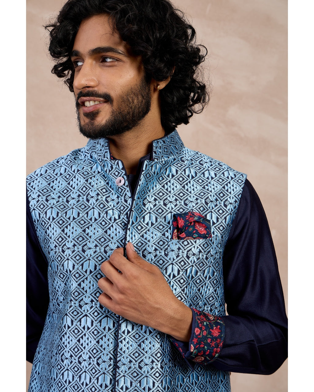 Navy Plain Chanderi Silk Straight Kurta Set