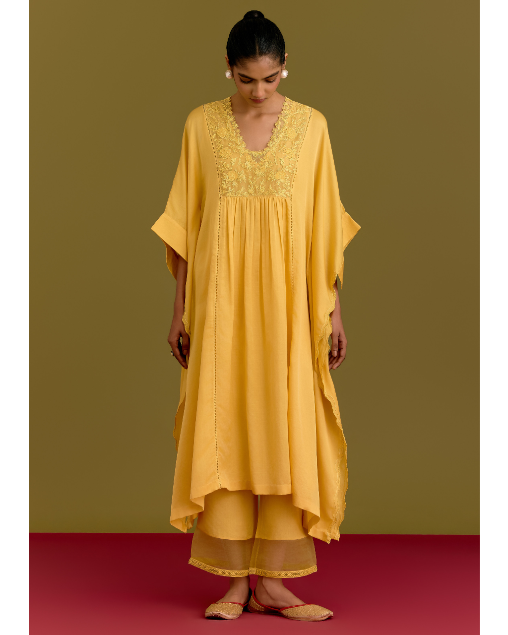 Yellow Cotton Silk Satin Kaftan Set