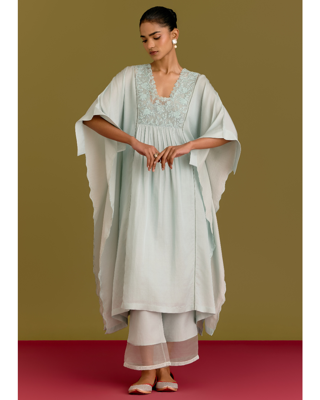 Powder Blue Cotton Silk Satin Kaftan Set
