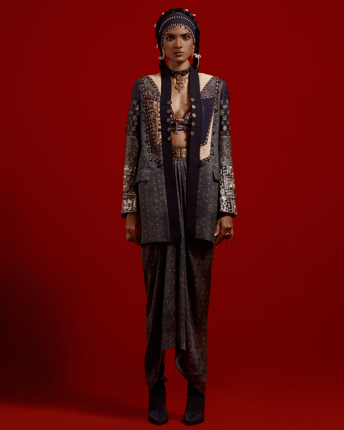 Open Dhana Jacket Set With Drape Skirt