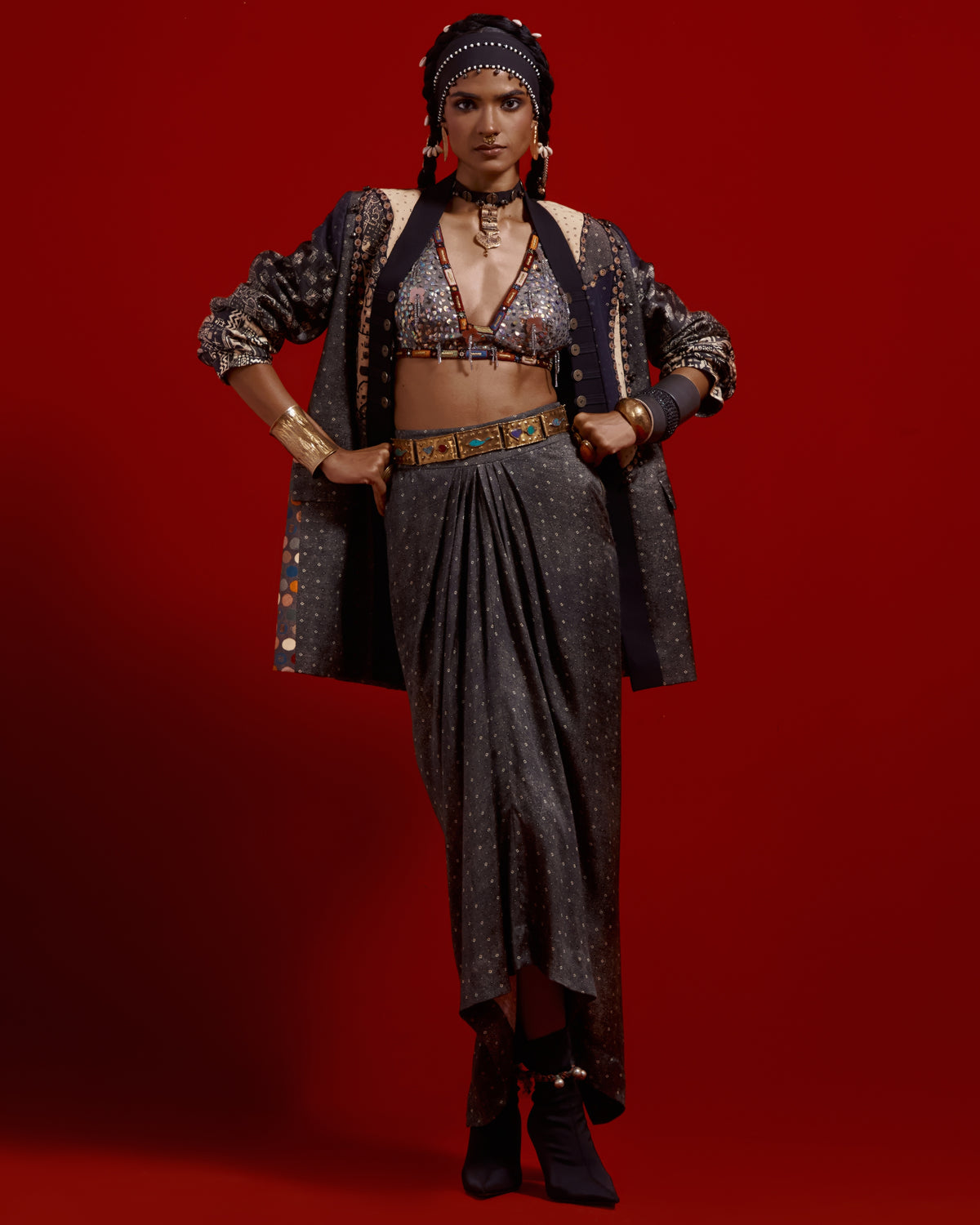 Open Dhana Jacket Set With Drape Skirt