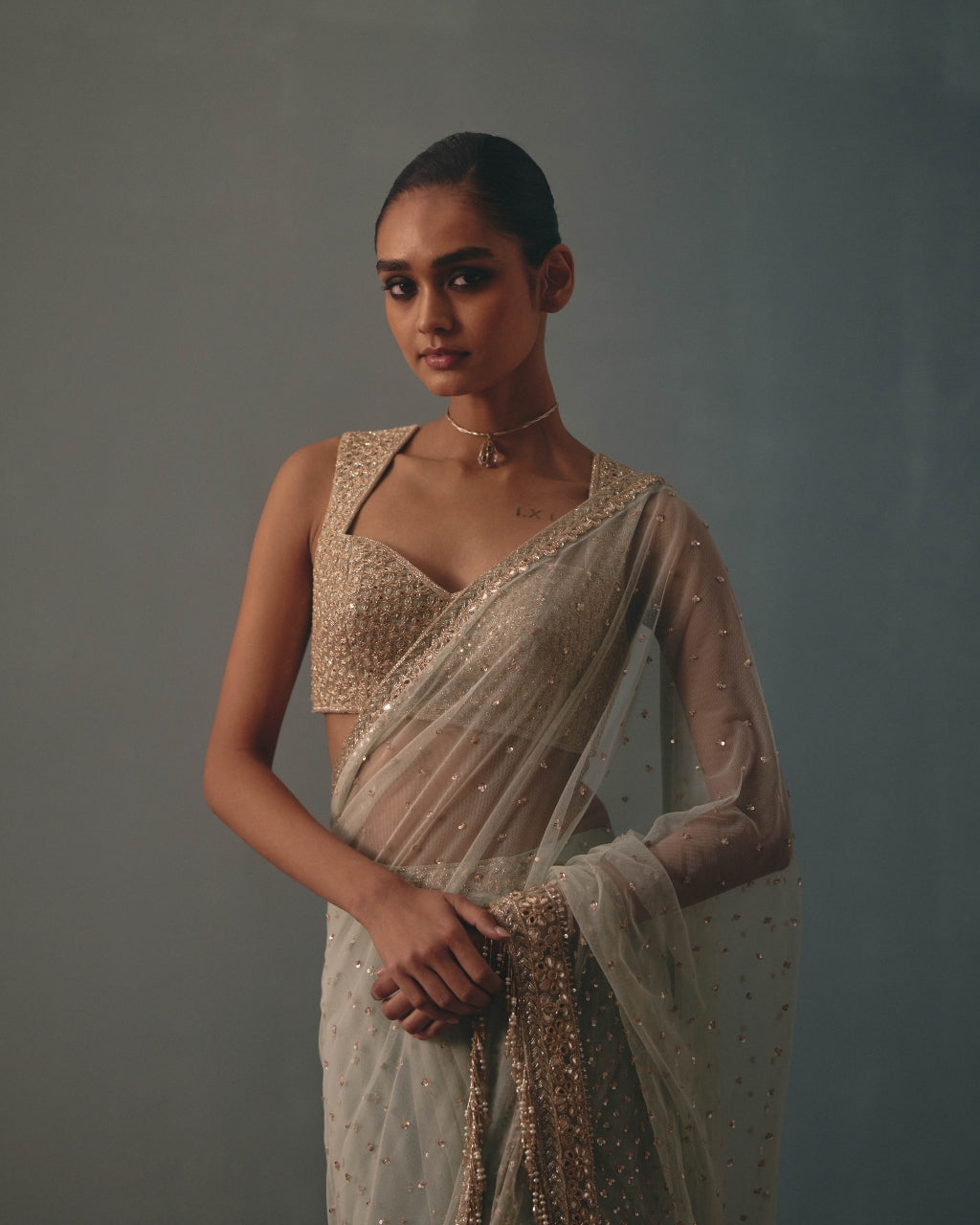Ice Blue And Rose Gold Hand Embroidered Net Sari And Sleeveless  Blouse