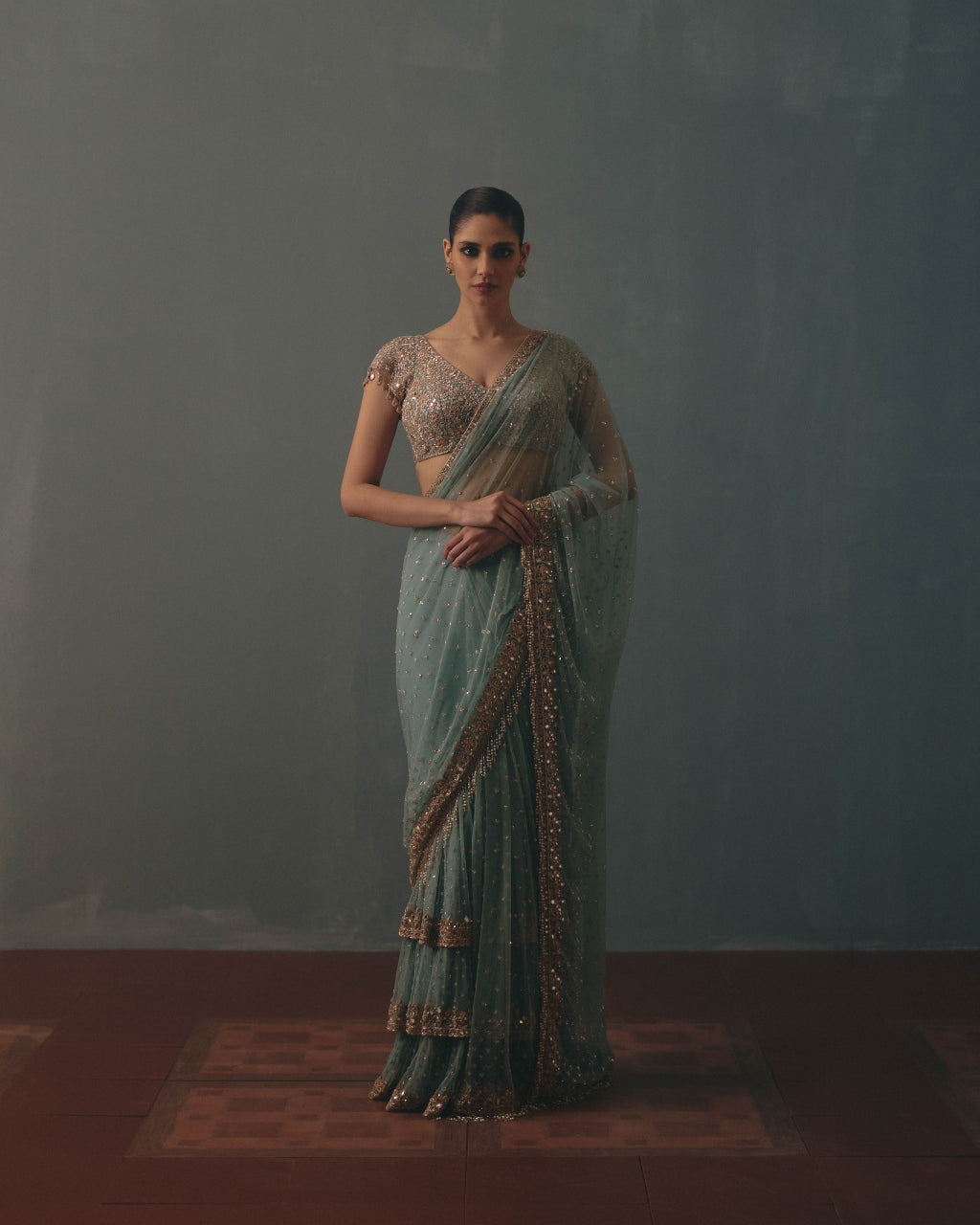 Polar Sky And Rose Gold Hand Embroidered Net Sari And Short Sleeves  Blouse