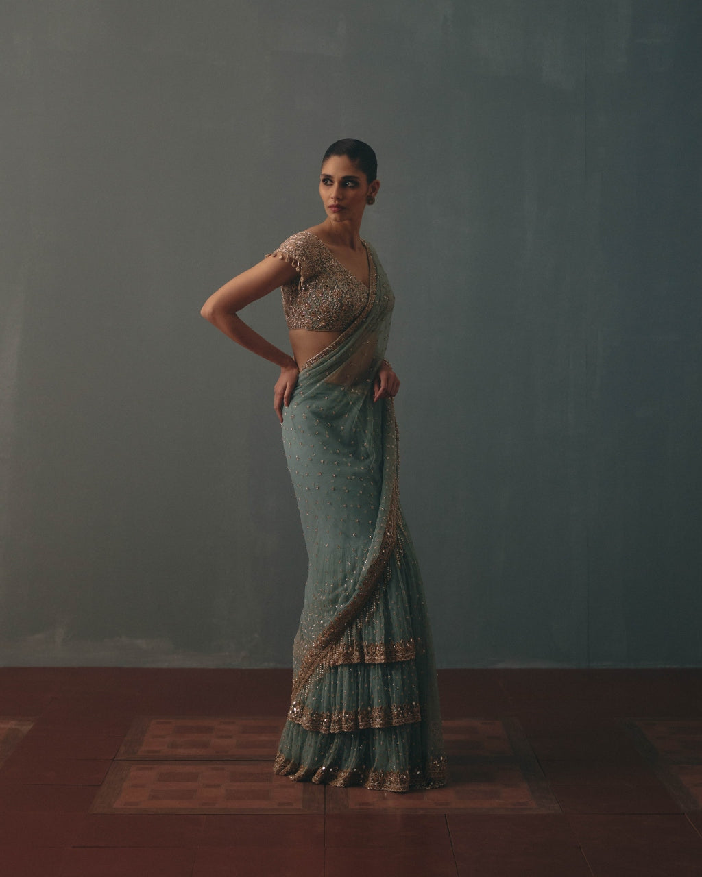 Polar Sky And Rose Gold Hand Embroidered Net Sari And Short Sleeves  Blouse
