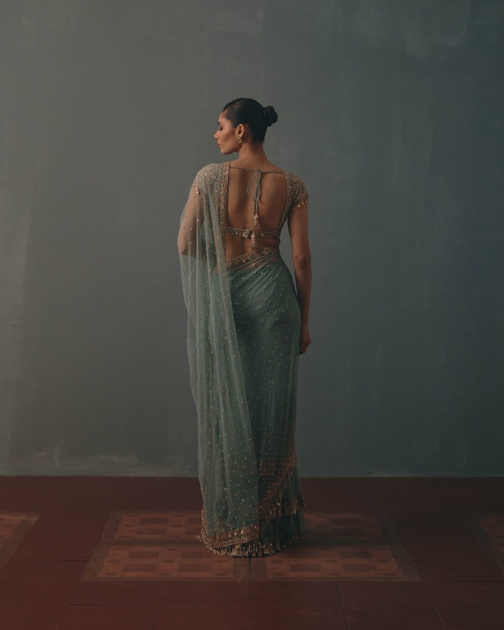 Polar Sky And Rose Gold Hand Embroidered Net Sari And Short Sleeves  Blouse