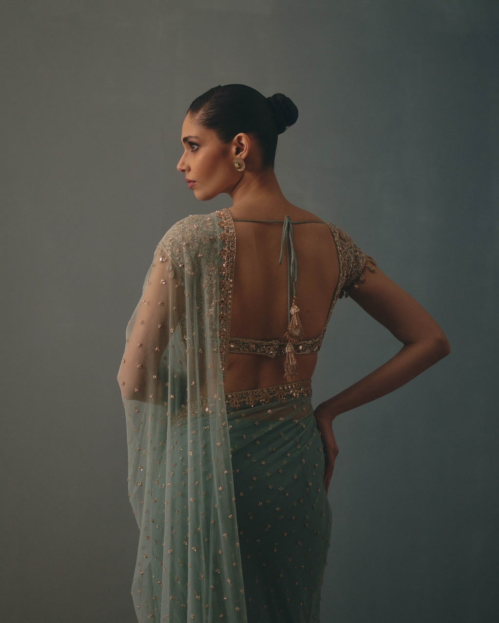 Polar Sky And Rose Gold Hand Embroidered Net Sari And Short Sleeves  Blouse