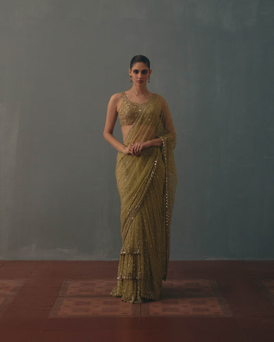 Sage Green And Pani Gold Hand Embroidered Net Sari And Sleeveless  Blouse