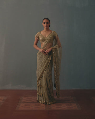 Mint Green And Pani Gold Hand Embroidered Net Sari And Short Sleeves  Blouse