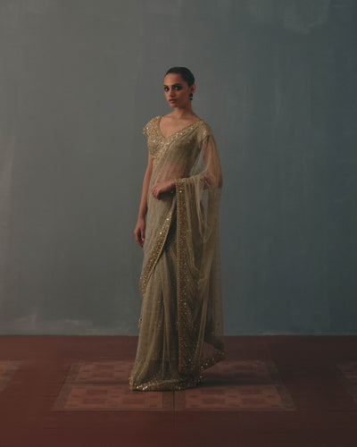 Mint Green And Pani Gold Hand Embroidered Net Sari And Short Sleeves  Blouse
