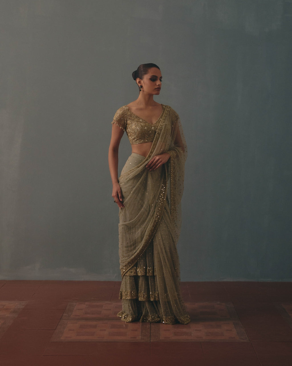 Mint Green And Pani Gold Hand Embroidered Net Sari And Short Sleeves  Blouse