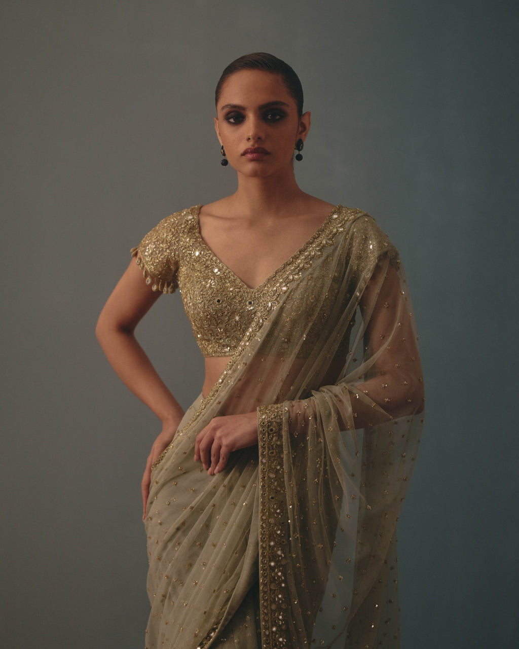 Mint Green And Pani Gold Hand Embroidered Net Sari And Short Sleeves  Blouse