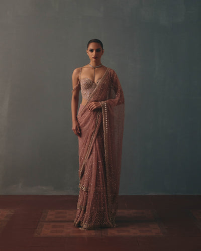 Mauve & Rose Gold Hand Embroidered Net & Mirror Corset & Net Ruffle Sari Set