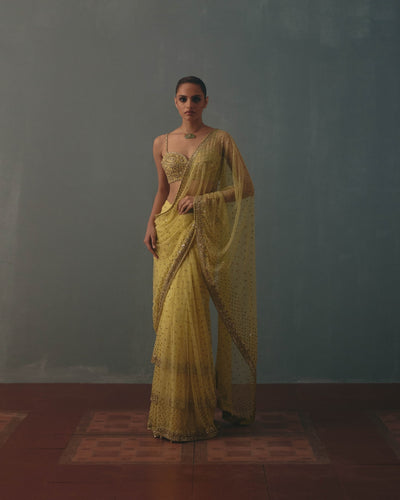 Butter Yellow And Pani Gold Hand Embroidered Net & Mirror Blouse & Net Ruffle Sari Set