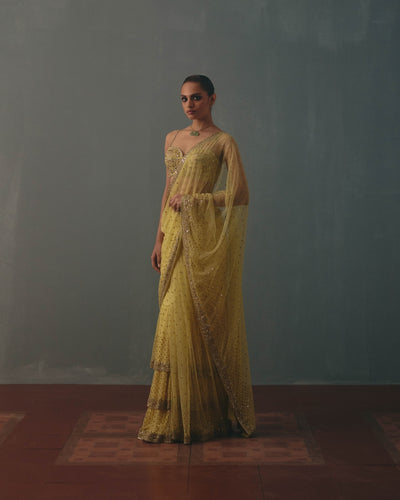 Butter Yellow And Pani Gold Hand Embroidered Net & Mirror Blouse & Net Ruffle Sari Set