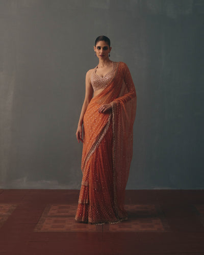 Peach Fuzz &  Rose Gold Hand Embroidered Net & Mirror Blouse & Net Ruffle Sari Set