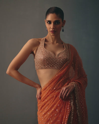 Peach Fuzz &  Rose Gold Hand Embroidered Net & Mirror Blouse & Net Ruffle Sari Set