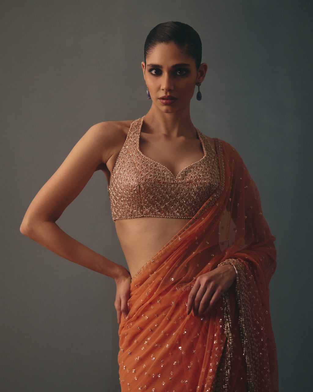 Peach Fuzz &  Rose Gold Hand Embroidered Net & Mirror Blouse & Net Ruffle Sari Set
