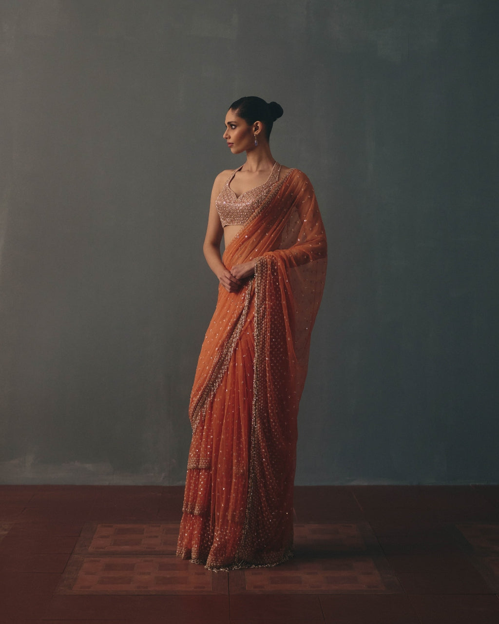Peach Fuzz &  Rose Gold Hand Embroidered Net & Mirror Blouse & Net Ruffle Sari Set