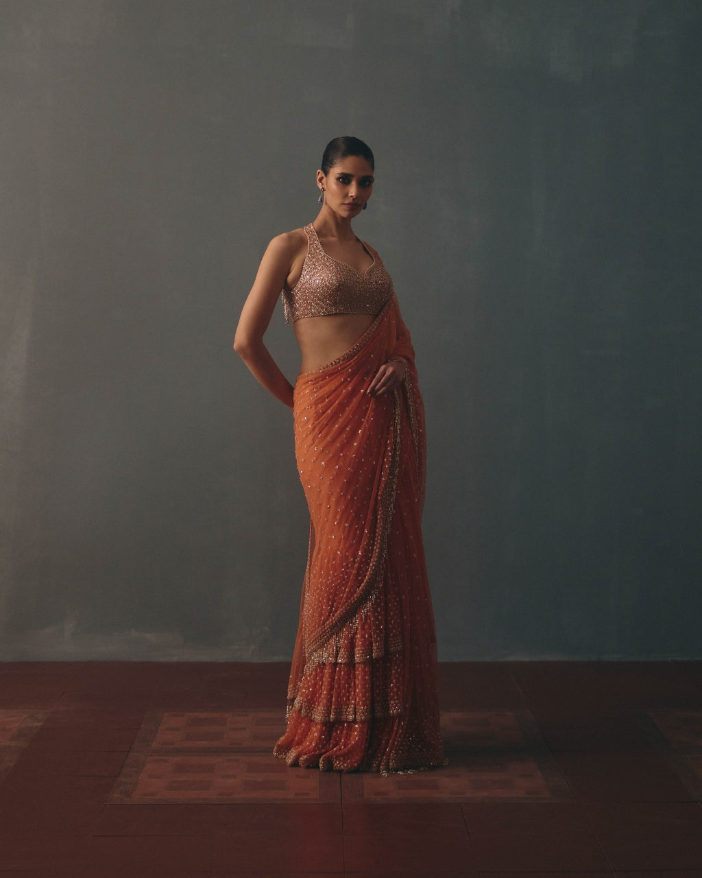 Peach Fuzz &  Rose Gold Hand Embroidered Net & Mirror Blouse & Net Ruffle Sari Set