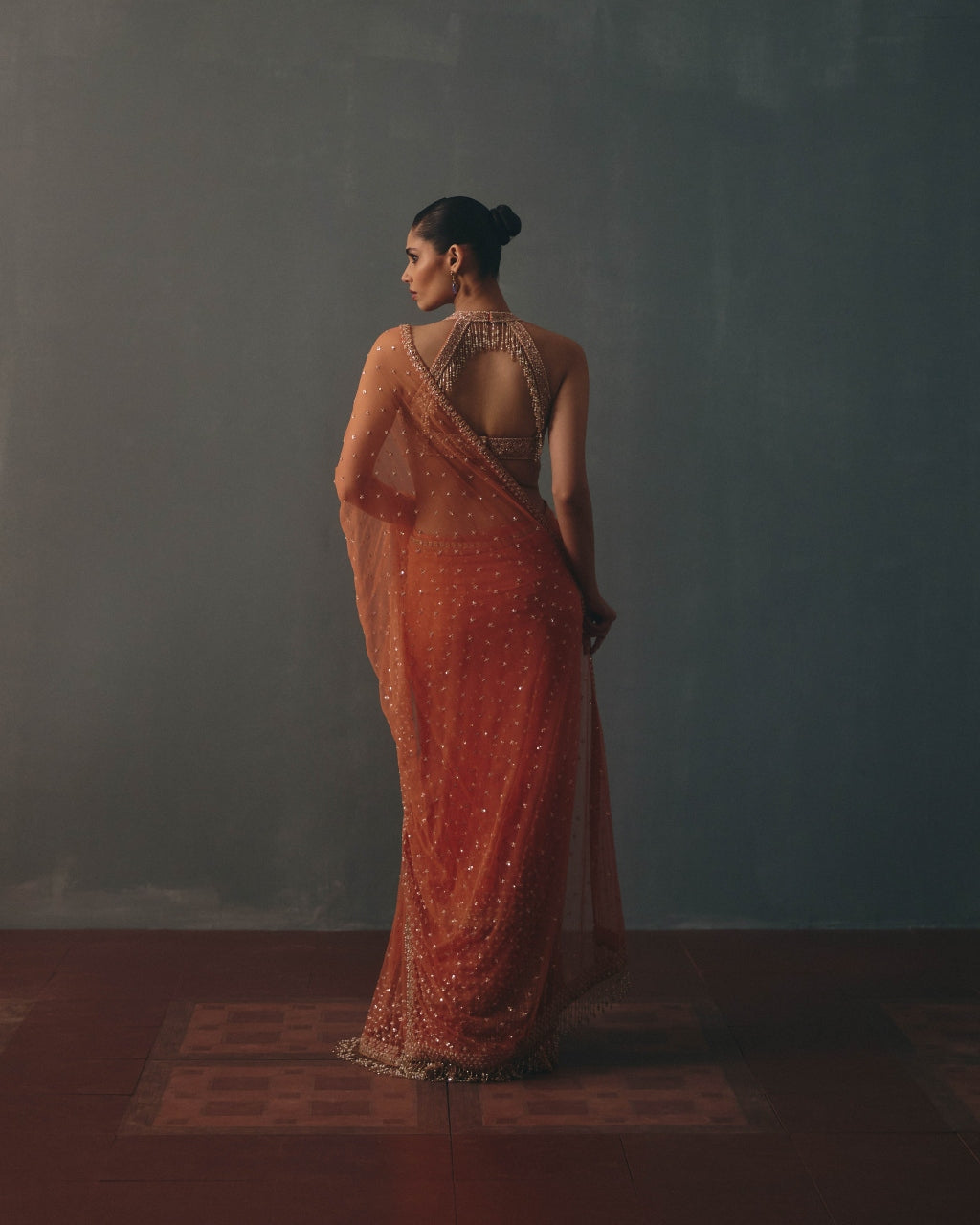 Peach Fuzz &  Rose Gold Hand Embroidered Net & Mirror Blouse & Net Ruffle Sari Set