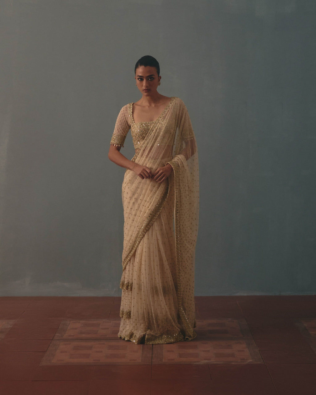 Coconut & Pani Gold Hand Embroidered Net & Mirror Blouse & Net Ruffle Sari Set