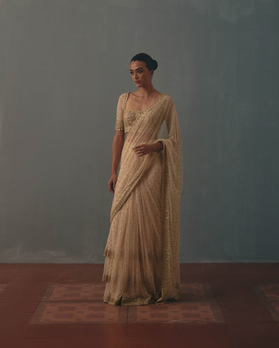 Coconut & Pani Gold Hand Embroidered Net & Mirror Blouse & Net Ruffle Sari Set