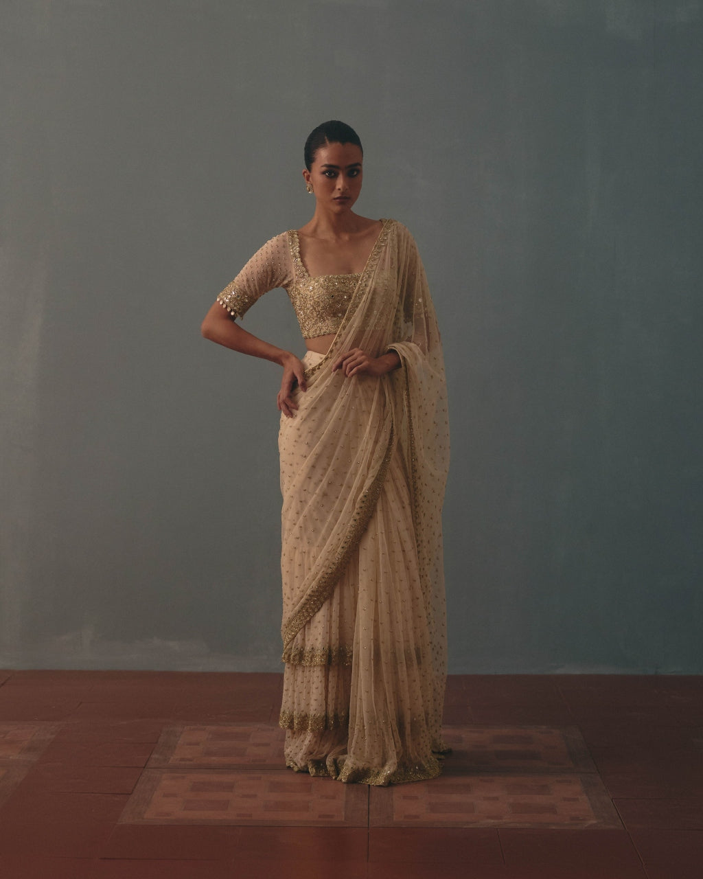 Coconut & Pani Gold Hand Embroidered Net & Mirror Blouse & Net Ruffle Sari Set