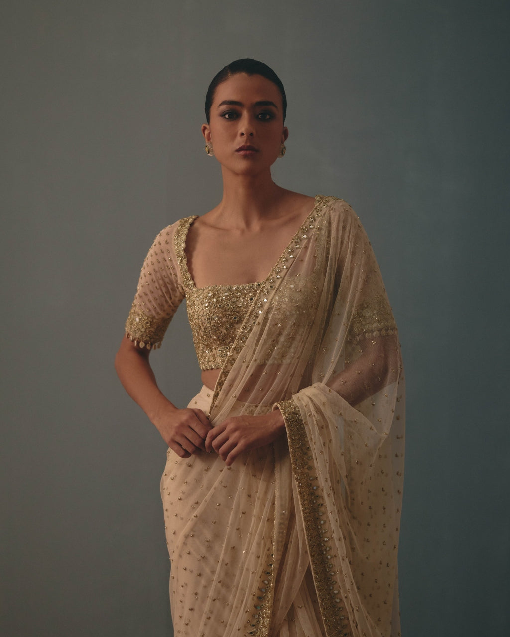 Coconut & Pani Gold Hand Embroidered Net & Mirror Blouse & Net Ruffle Sari Set