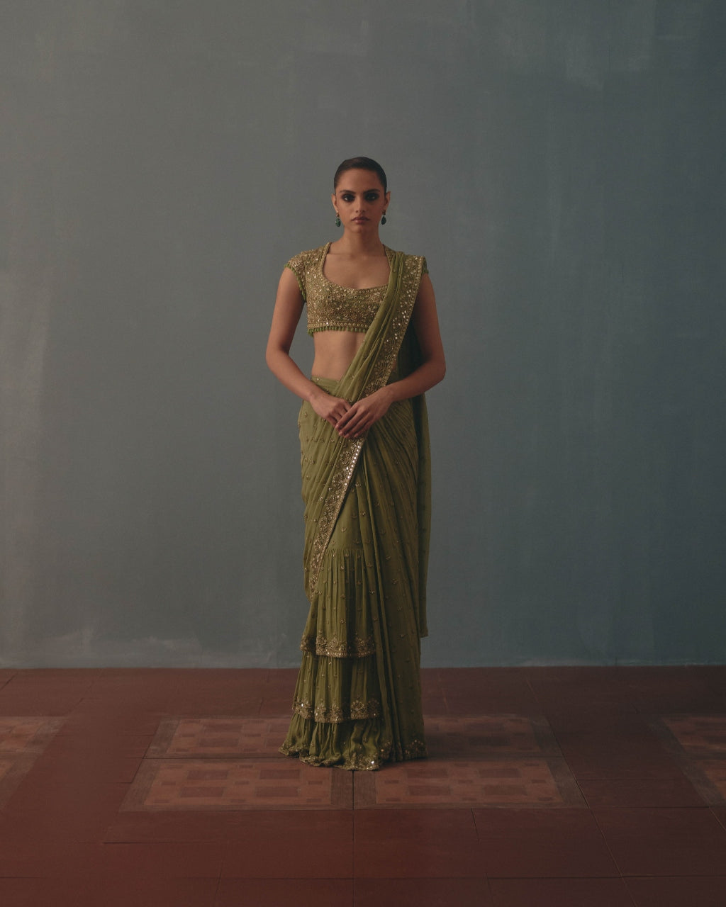 Sage Green & Pani Gold Hand Embroidered Sari Set