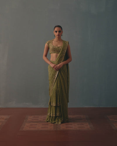 Sage Green & Pani Gold Hand Embroidered Sari Set