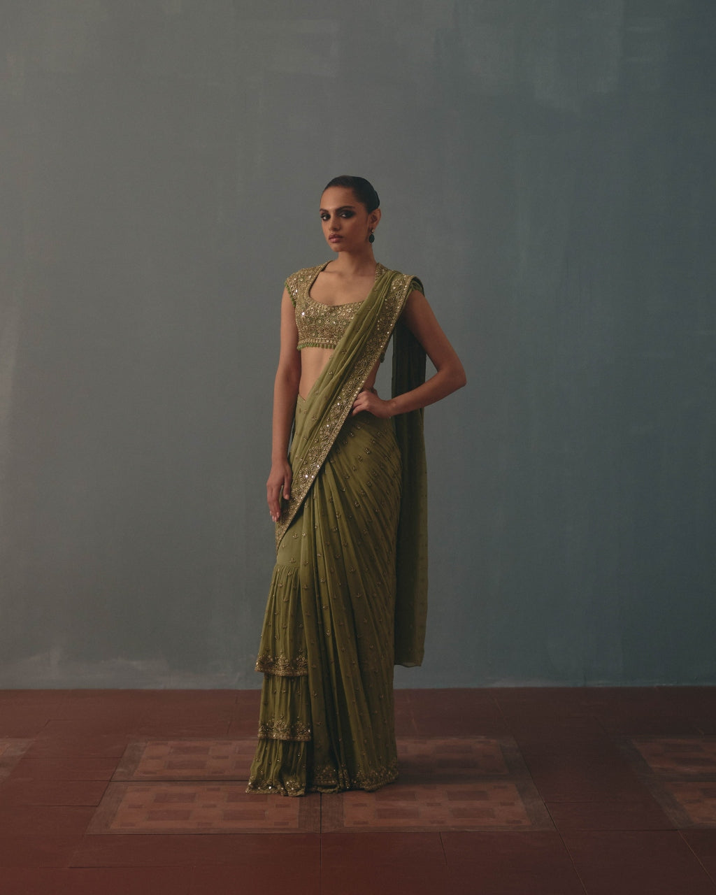 Sage Green & Pani Gold Hand Embroidered Sari Set