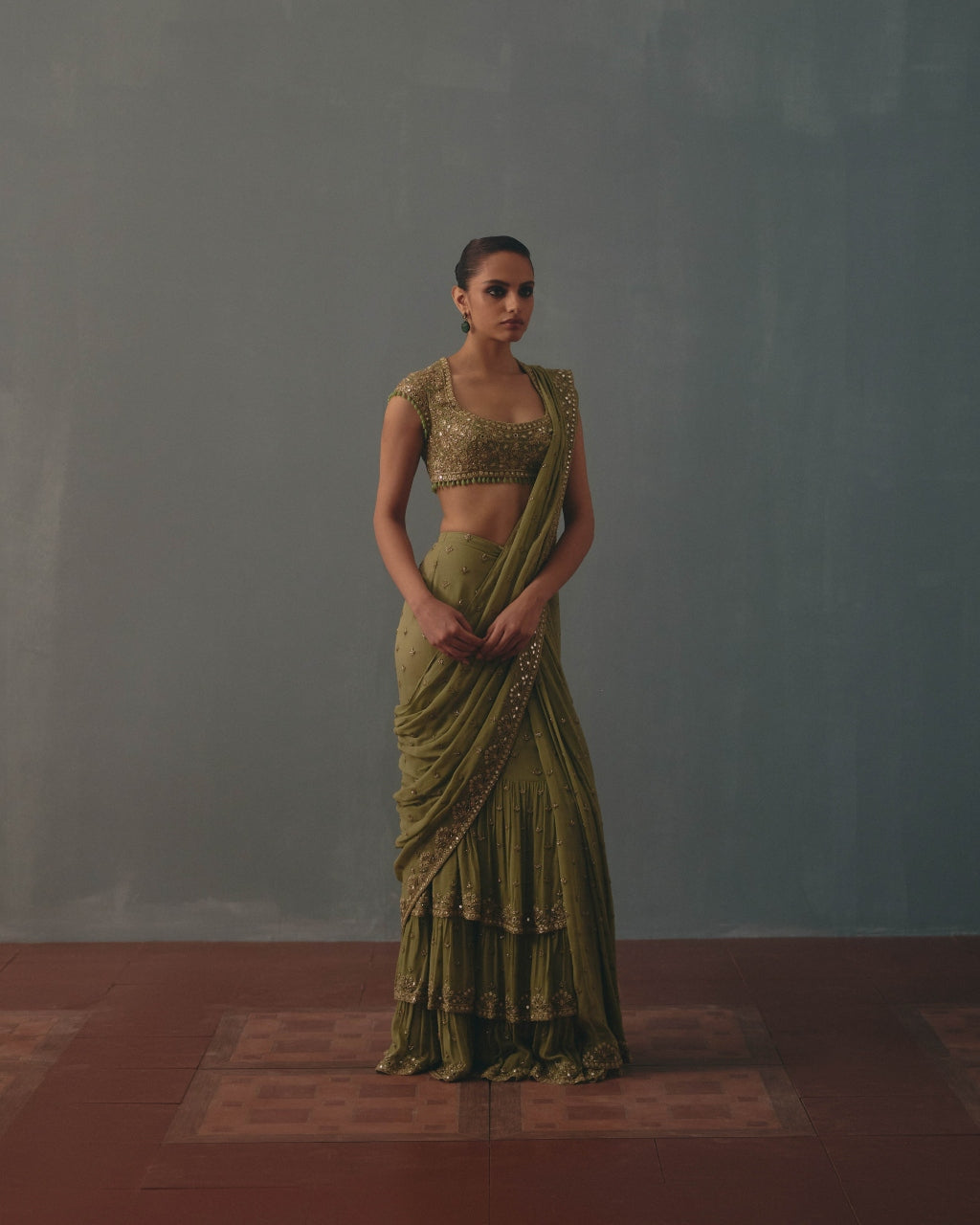 Sage Green & Pani Gold Hand Embroidered Sari Set