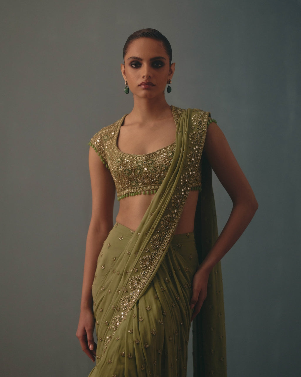 Sage Green & Pani Gold Hand Embroidered Sari Set