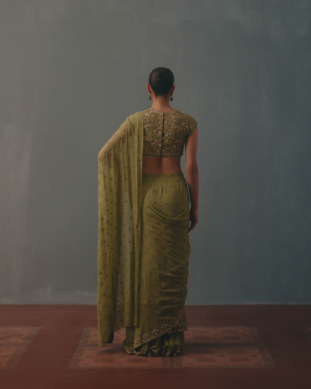 Sage Green & Pani Gold Hand Embroidered Sari Set