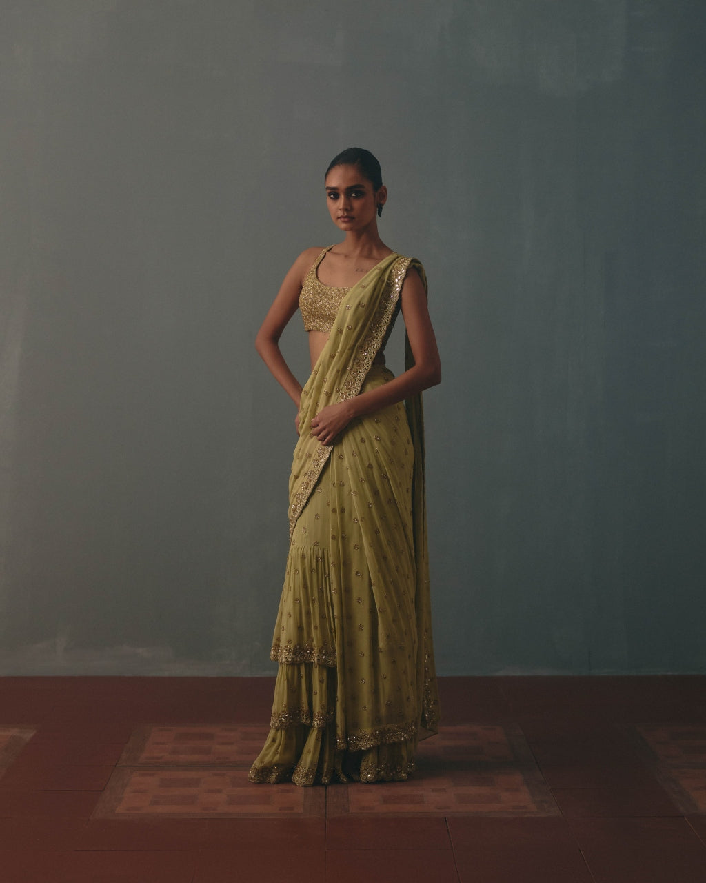 Mint Green & Pani Gold Hand Embroidered Sari Set
