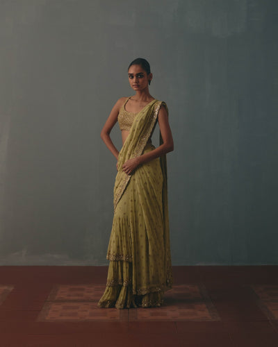 Mint Green & Pani Gold Hand Embroidered Sari Set