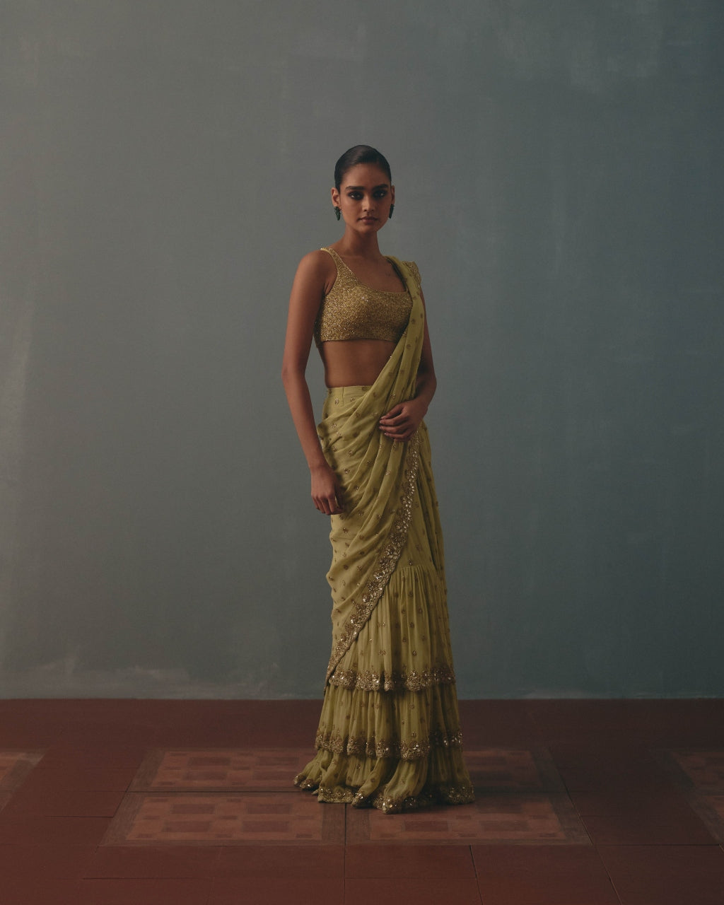 Mint Green & Pani Gold Hand Embroidered Sari Set
